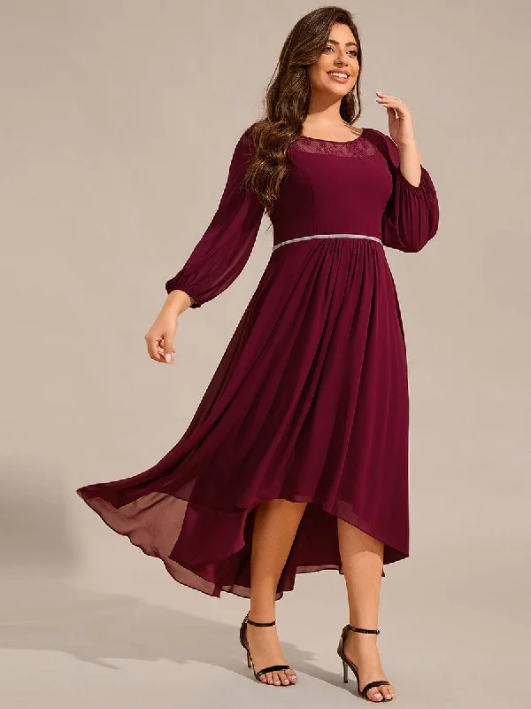 Plus Size Lace Round Neck Long Sleeve Chiffon Midi Wedding Guest Dress