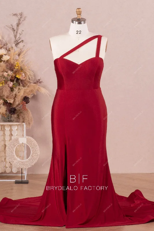 Empire Waist Gown Plus Size One-Shoulder Burgundy Jersey Slit Fit and Flare Dress