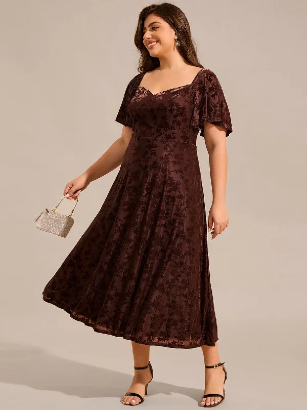 Plus Size Printed Velvet A-Line Short Sleeve Tea Length Wedding Guest Dress