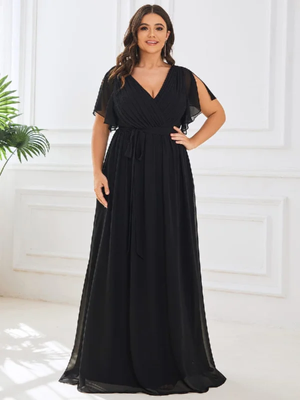 Asymmetrical Hem Dress Plus Size Ruffle Pleated Chiffon Tie-Waist Evening Dress