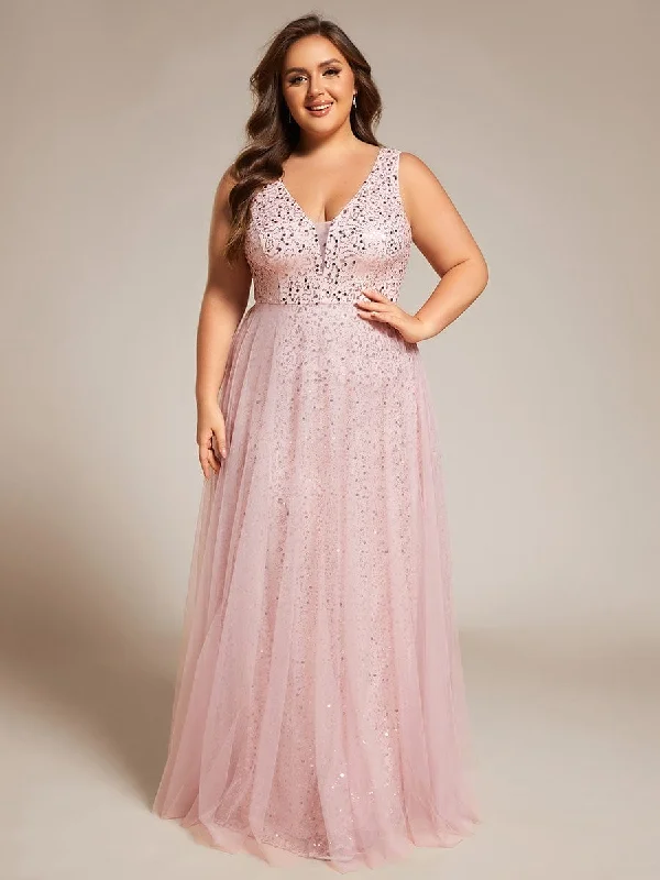 Plus Size Sequin V-Neck Sleeveless Empire Waist Tulle Formal Evening Dress