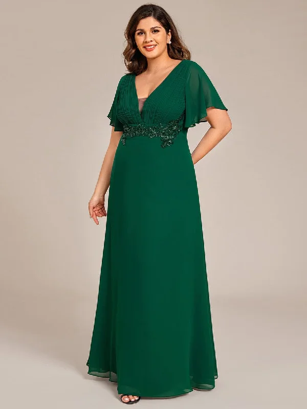 Plus Size Short Sleeve Waist Applique V-Neck Maxi Formal Evening Dress