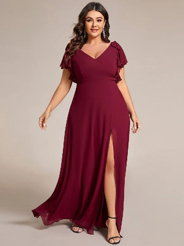 Couture Wedding Gown Plus Size Split Ruffles Sleeves with Bowknot Double V-neck Chiffon Bridesmaid Dress