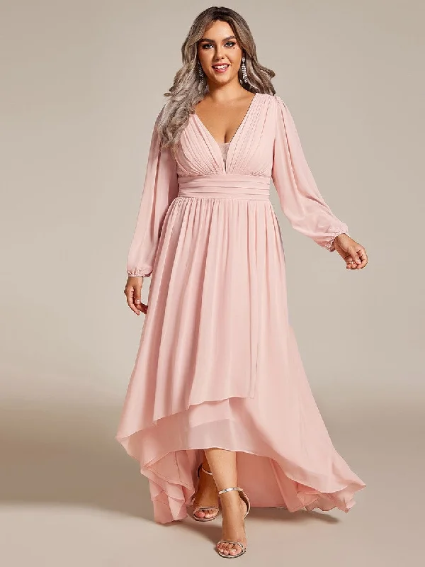 Floor-Length Dress Plus Size V-Neck Long Lantern Sleeves A-Line Chiffon Bridesmaid Dress Floor-Length Dress Plus Size V-Neck Long Lantern Sleeves A-Line Chiffon Bridesmaid Dress