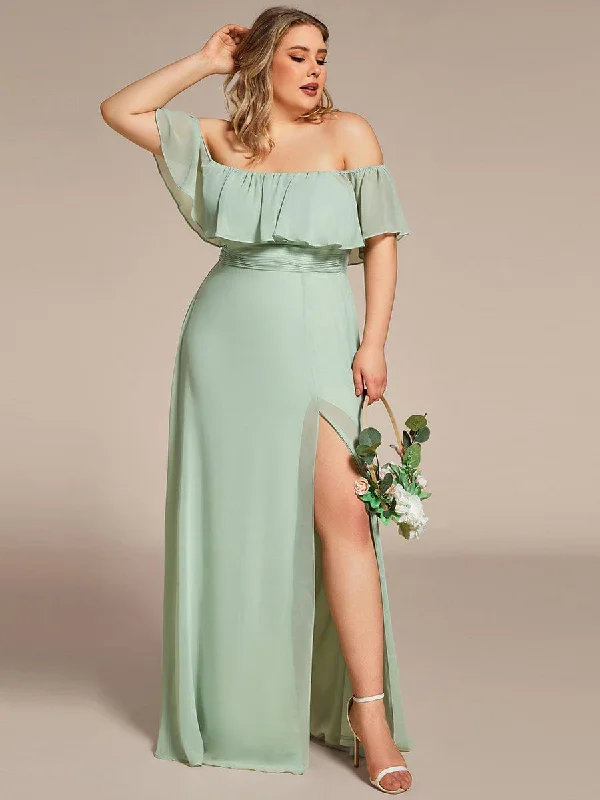 Illusion Neckline Dress Plus Size Off the Shoulder Formal Bridesmaid Dress with Thigh Split Illusion Neckline Dress Plus Size Off the Shoulder Formal Bridesmaid Dress with Thigh Split