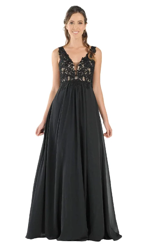Lace Dress Poly USA - 8012 Embellished Lace Deep V-Neck Chiffon A-Line Dress