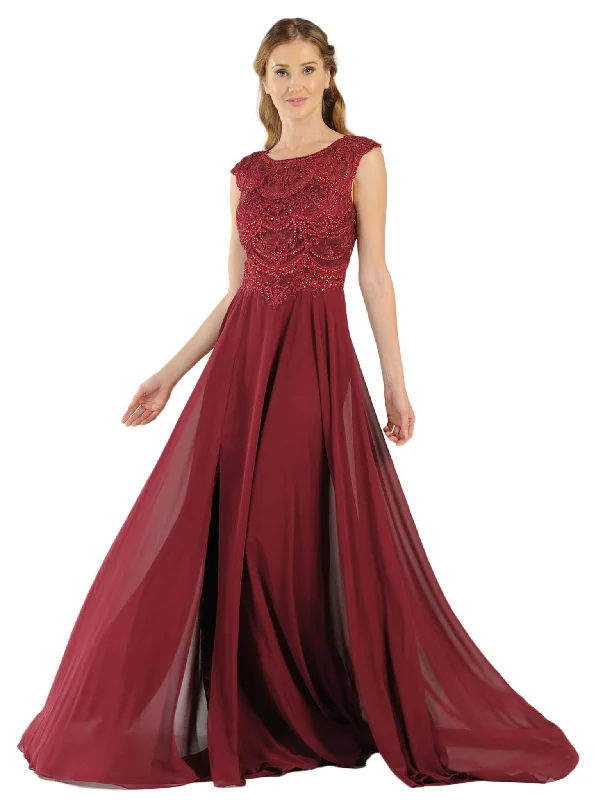 Poly USA - 8254 Cap Sleeve Embroidered Illusion Chiffon Gown