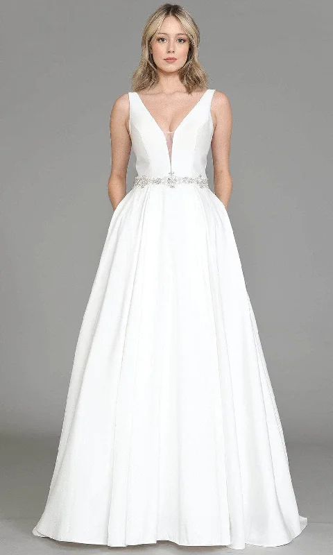 Sequin Wedding Gown Poly USA 8498 - V-Neck Jeweled Waistline Bridal Gown