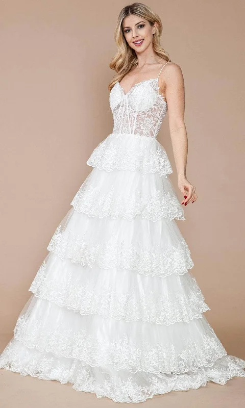 Unique Wedding Gown Poly USA 9402 - Embroidered Tiered A-Line Prom Dress