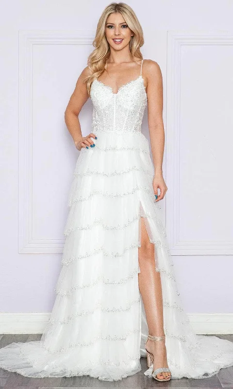 High Neck Dress Poly USA 9404 - Sleeveless Tiered High Slit Prom Dress