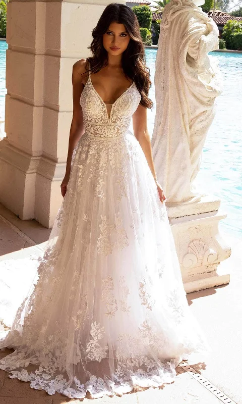 Tea-Length Dress Primavera Bridal 11102 - Embroidered V-Neck Bridal Dress