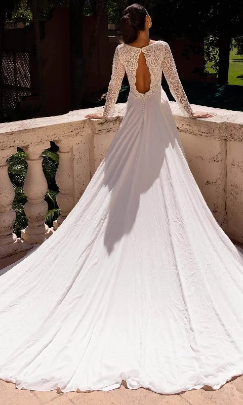Layered Tulle Dress Primavera Bridal 11140 - V-Neck Embroidered Long Sleeve Bridal Dress