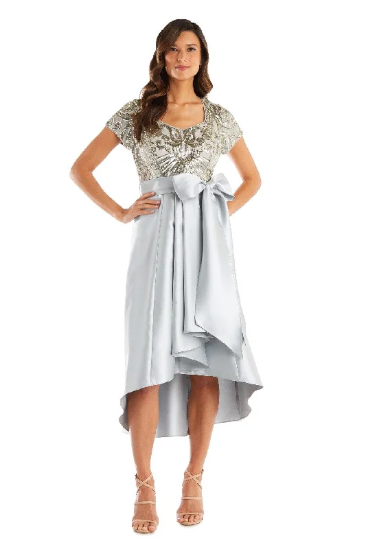 Silver Embellished Gown R&M Richards 7136 High Low Beaded Bodice Short Sleeve Dress