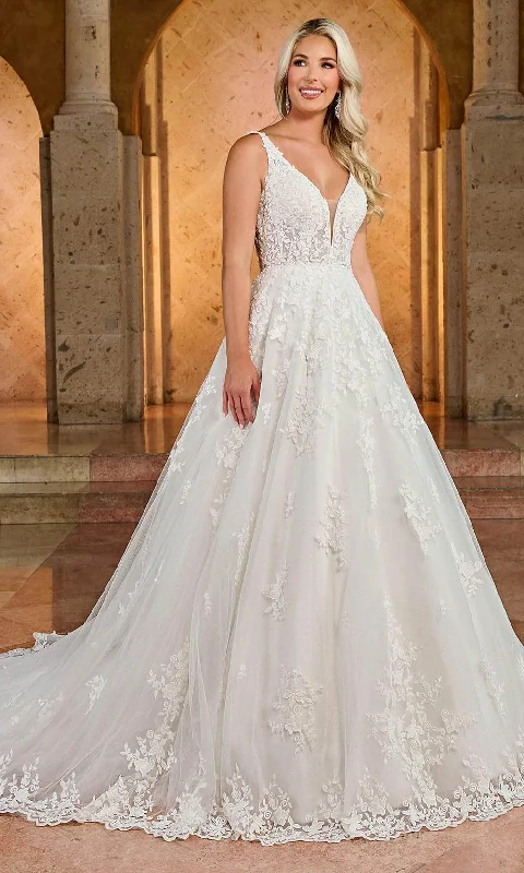 Shimmering Satin Dress Rachel Allan RB3190 - V-Neck Scalloped Hem Bridal Gown
