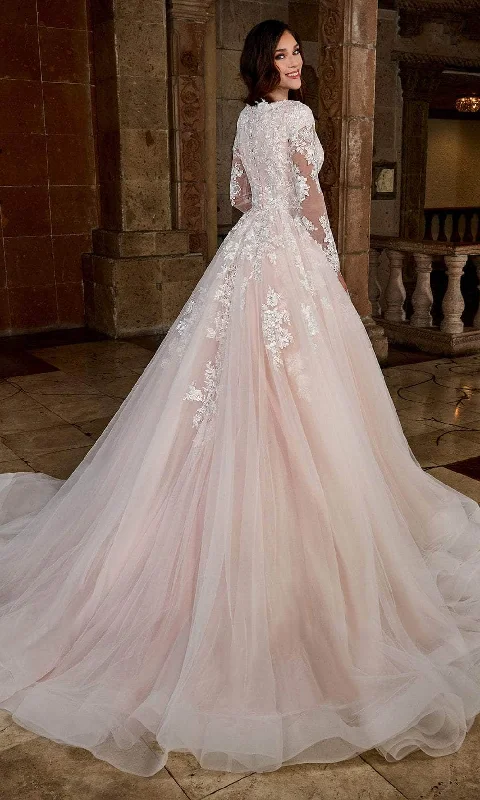 Hand-Stitched Lace Dress Rachel Allan RB5055 - Long Sleeve Bateau Neck Bridal Gown