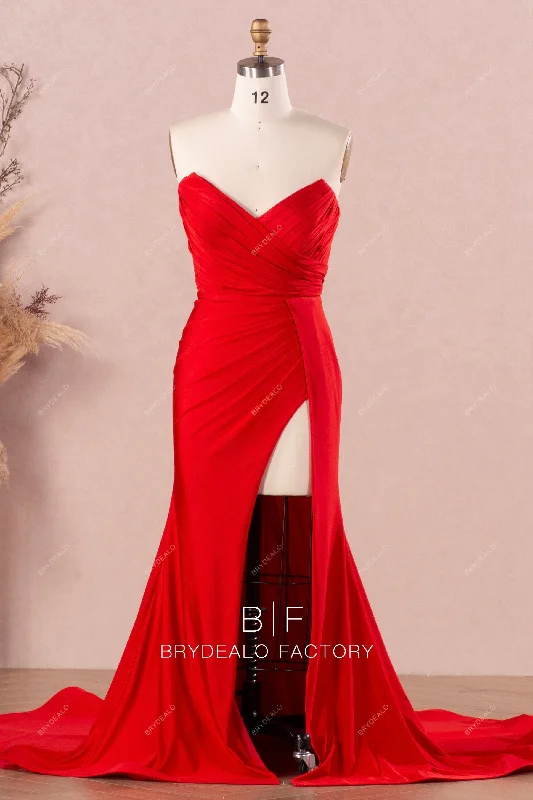 Designer Gown Red Pleated Jersey Strapless Slit Mermaid Long Train Dress