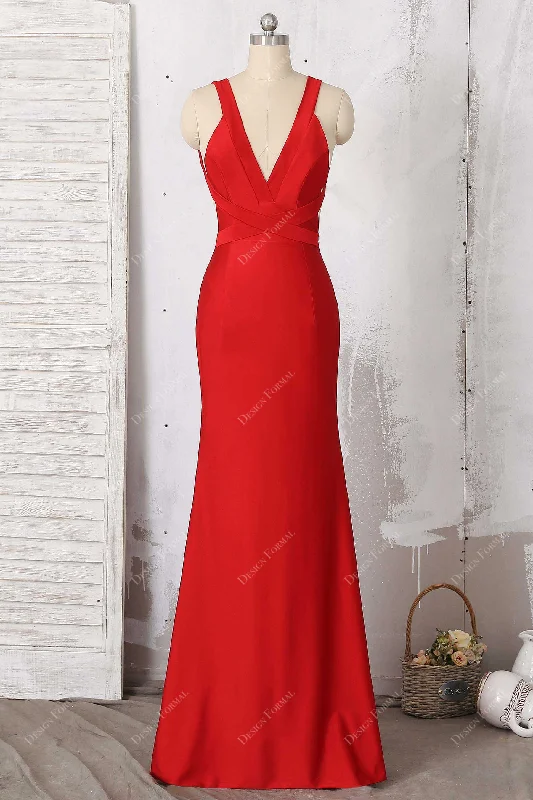 Red Jersey Wide Straps Plunging Neck Sleeveless Mermaid Dress