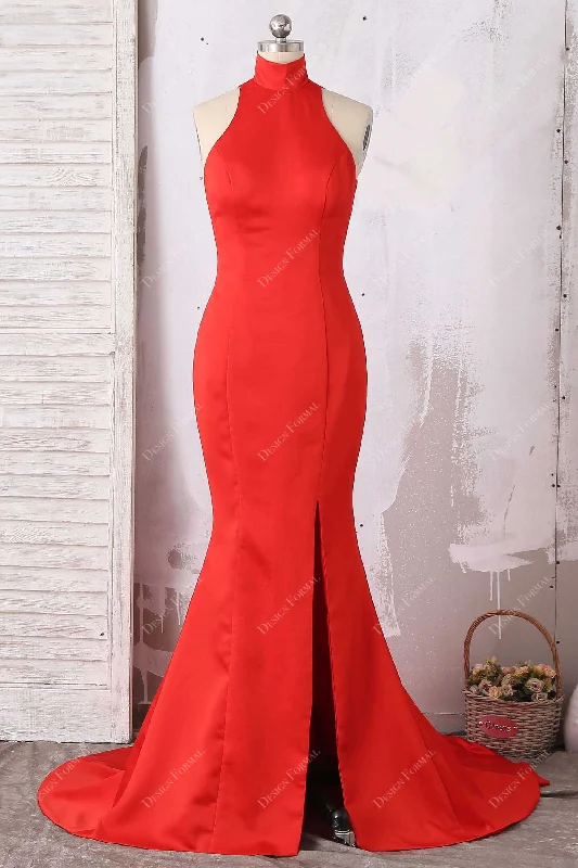 Red Satin Sleeveless High Neck Slit Simple Mermaid Long Dress