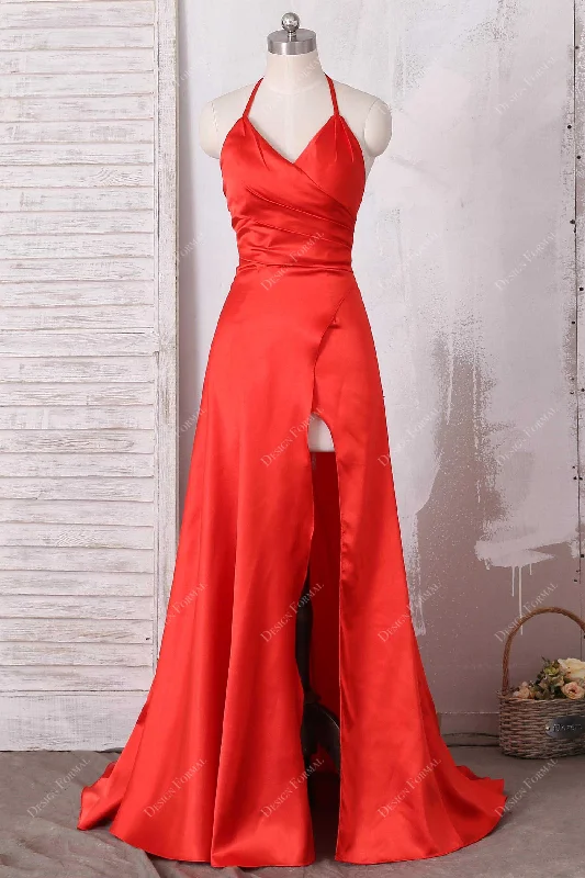 Red Satin V-neck Halter Sexy Slit Long A-line Dress