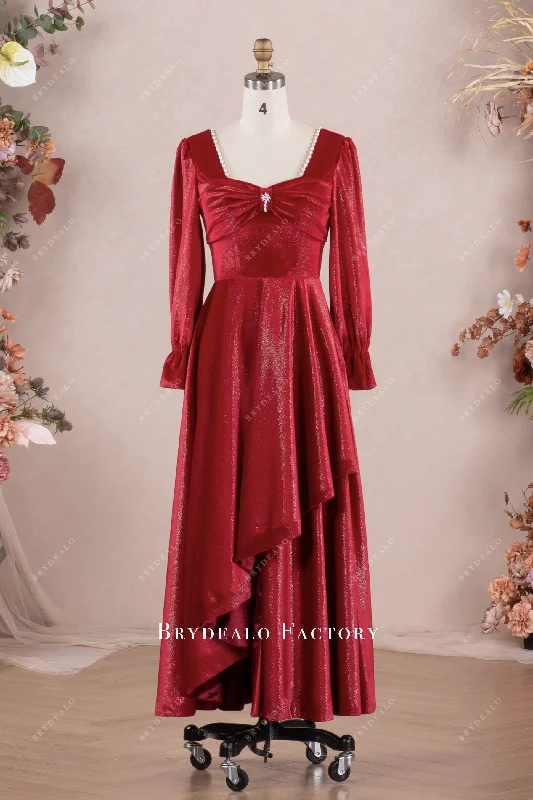 Silver Embellished Gown Red Shimmery Velvet Square Neck Ankle Length Formal Dress