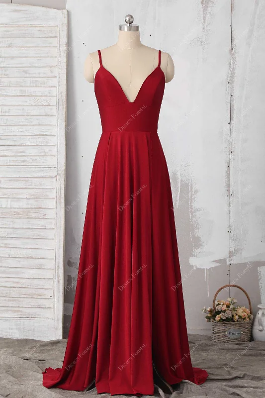 Red Jersey Spaghetti Straps Plunging Side Slit Simple Long Dress