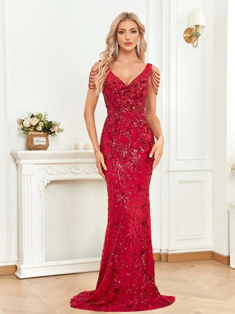 Red V-Neck Sequin Beading Mermaid Party Dresses