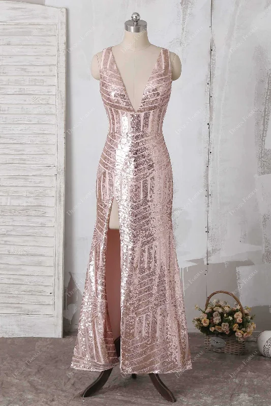 Dreamy Wedding Gown Rose Gold Sequin Plunging Sexy Slit Tea Length Sheath Dress