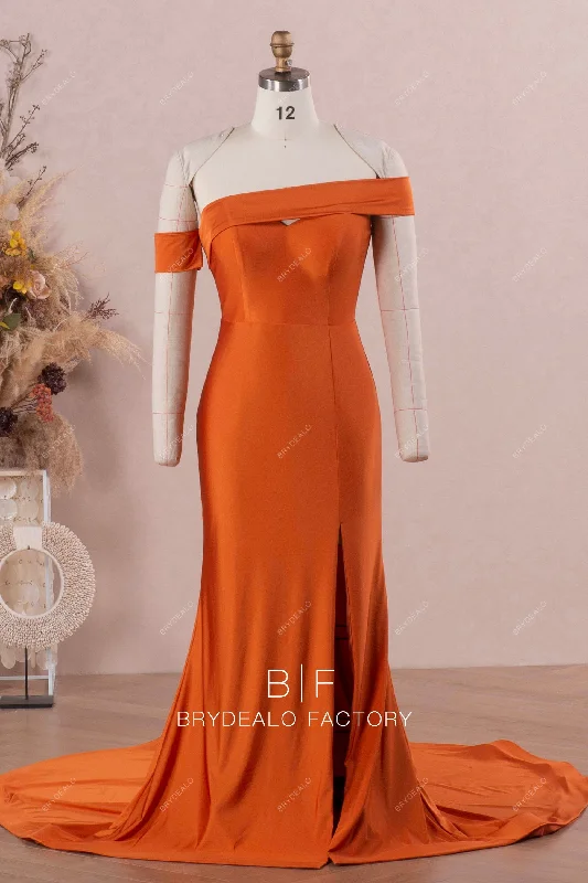 Custom Gown Asymmetrical Rusty Off Shoulder Slit Jersey Mermaid Bridesmaid Dress