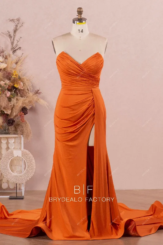 Embroidered Gown Rusty Strapless V Neck Ruched Spandex Slit Formal Dress