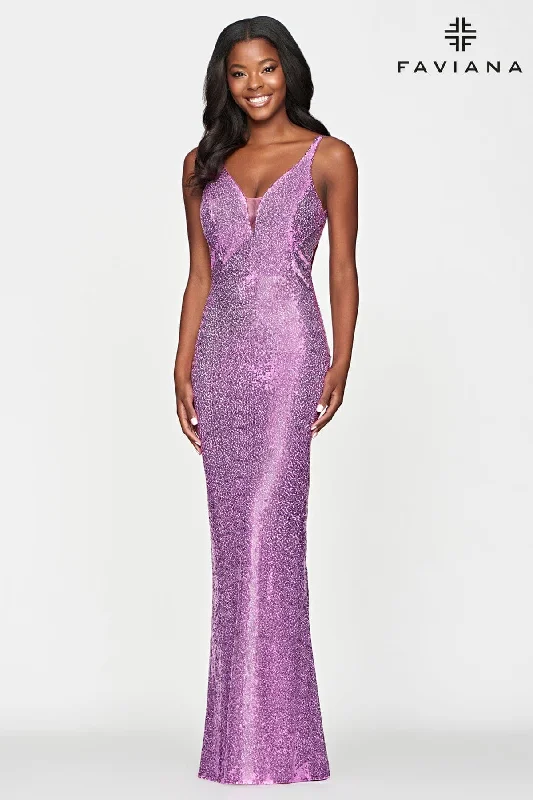 Long V Neck Sequin Dress With Open Back