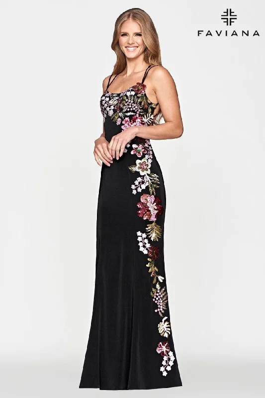 Sequin Applique Stretch Satin Long Dress With Open Lace Back