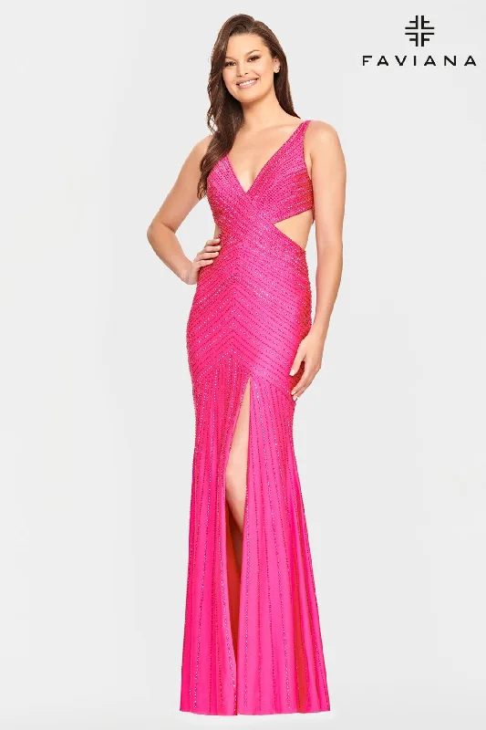 V Neck Prom Dress With Patterned Beading And Side Cutouts