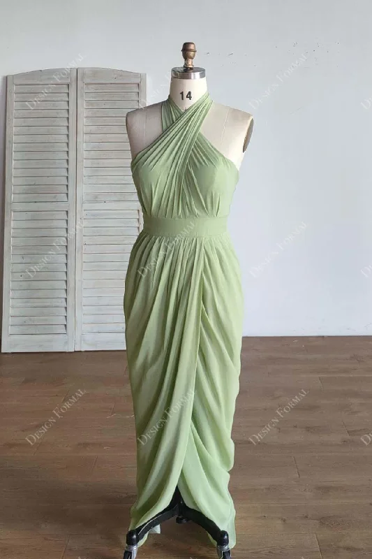 Unique Wedding Gown Sage Halter Chiffon Custom Slit Sheath Floor Length Formal Dress Unique Wedding Gown Sage Halter Chiffon Custom Slit Sheath Floor Length Formal Dress