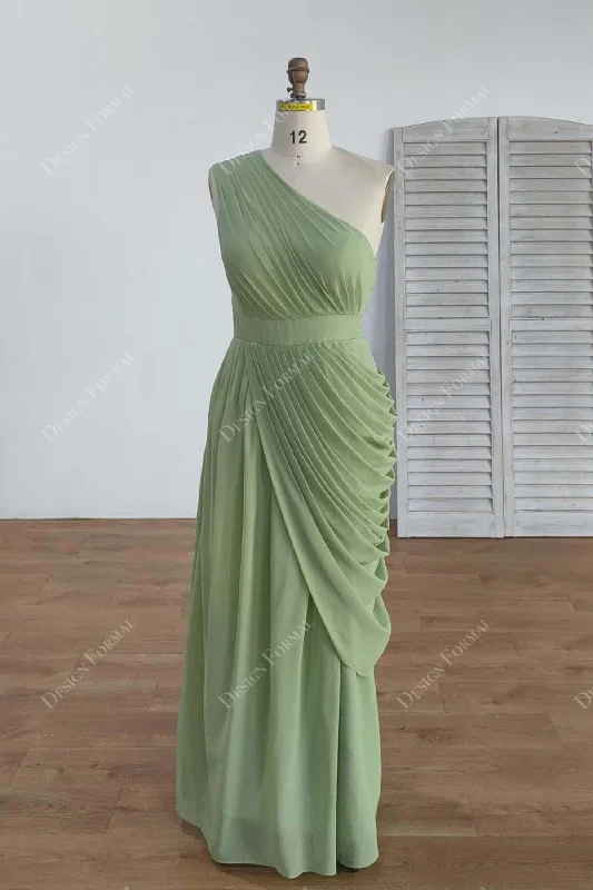 Feathered Gown Sage Ruched One-shoulder Floor Length Chiffon Draped Formal Dress