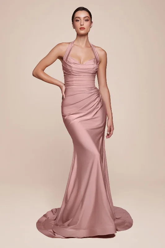 Gold Embroidered Dress Satin Fitted Long Halter Slit Dress by Ladivine CD796