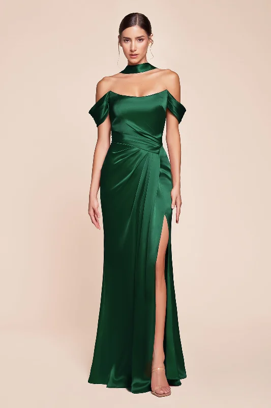 Custom Fit Gown Satin Fitted Off Shoulder Slit Gown by Ladivine 7452