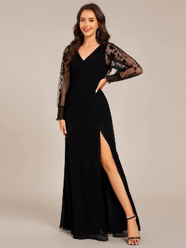 See-Through Long Sleeve V-Neck High Slit Chiffon Formal Evening Dress