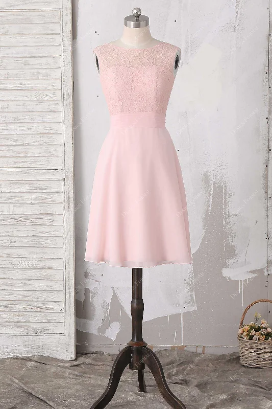 Short Blush Pink Lace Chiffon Cute A-line Knee Length Dress