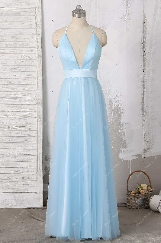 Sky Blue Tulle Overlay Plunging Straps Floor Length A-line Dress