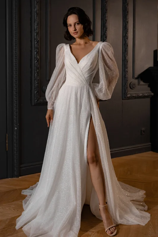 Asymmetrical Hem Dress Sparkly Wedding Dress Inger With Leg Slit