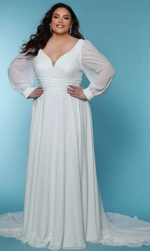 Floral Gown Sydney's Closet Bridal SC5320 - Long Sleeve V-Neck Bridal Gown