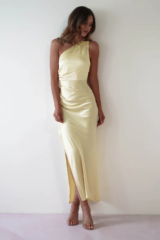 Illusion Neckline Dress Thessy Soft Satin Maxi Dress | Yellow