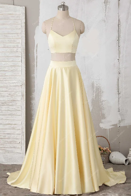 Chic Wedding Gown Two-Piece Yellow Satin Halter V-neck Illusion Back Long Dress