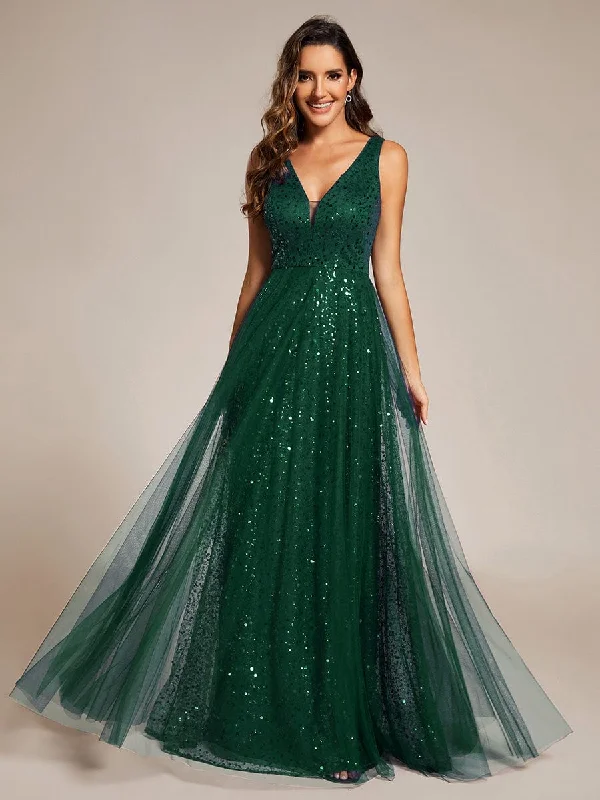 V-Neck Sleeveless High-Waist See-Through Sequin Tulle Evening Dress