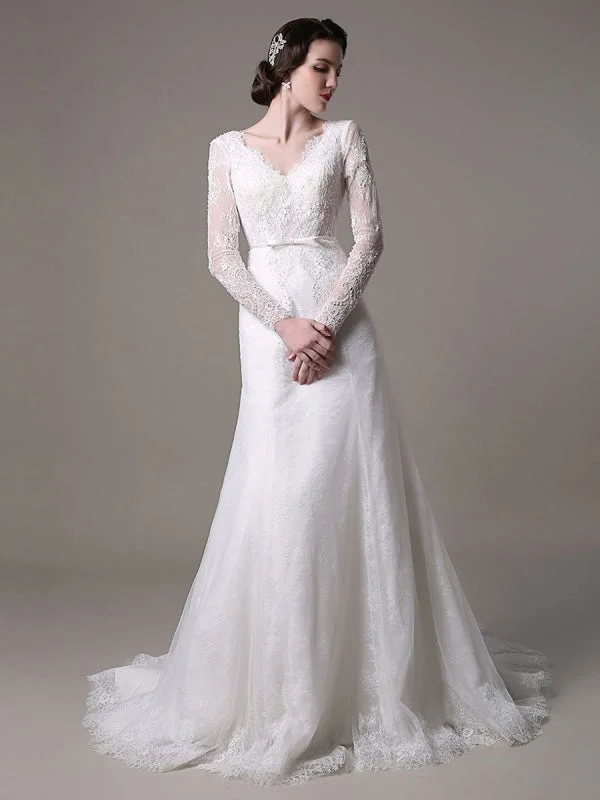 Embroidered Gown Vintage Lace Wedding Dress A-Line With Long Sleeves Pearls Applique And Chapel Train Embroidered Gown Vintage Lace Wedding Dress A-Line With Long Sleeves Pearls Applique And Chapel Train