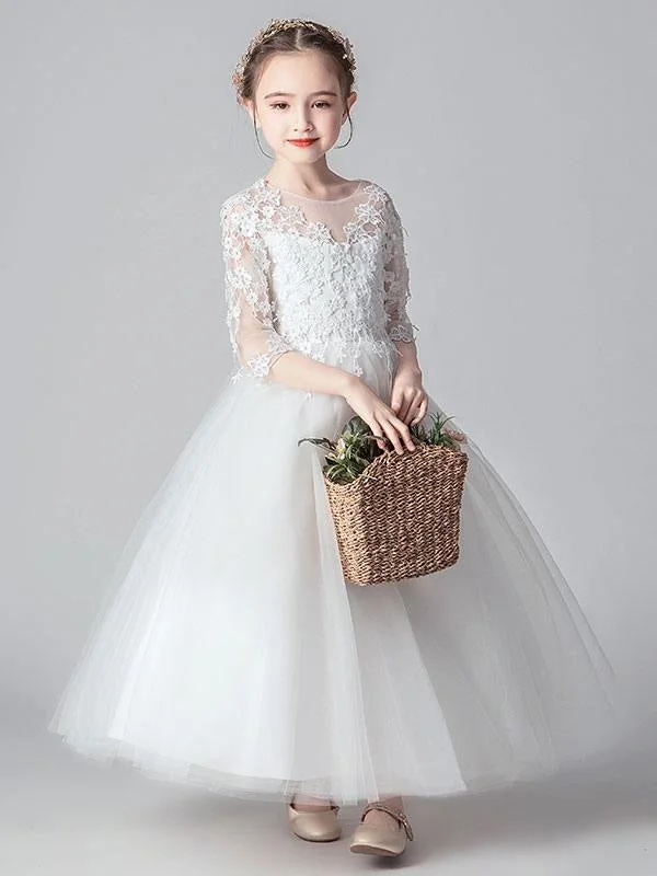 3/4 Length Sleeves Ankle-Length PrincessWhite Flower Girl Dresses Tulle Formal Kids Pageant Dresses