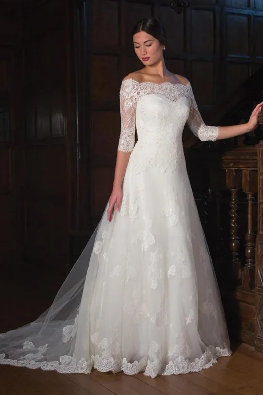 A-Line 3-4-Sleeve Off-The-Shoulder Lace&Tulle Wedding Dress With Illusion-MK_703047