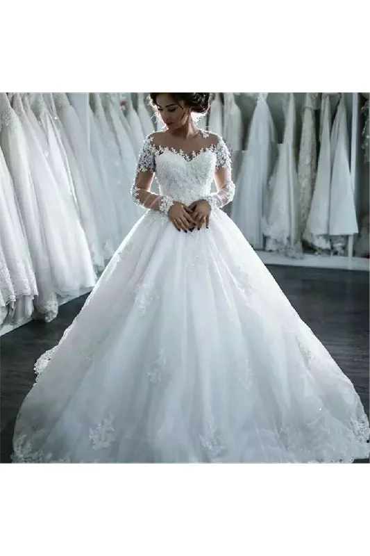 Princess Gown A-Line Ball Gown Jewel Sleeveless Lace Tulle Wedding Dress-715570