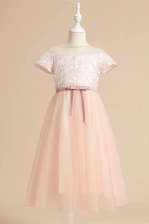 Custom Gown A-Line Blush Pink Long Flower Girl Dress with Short Sleeves
