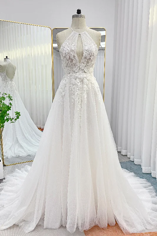 Open Back Dress A-Line Court Train Lace Tulle Wedding Dress CW3281